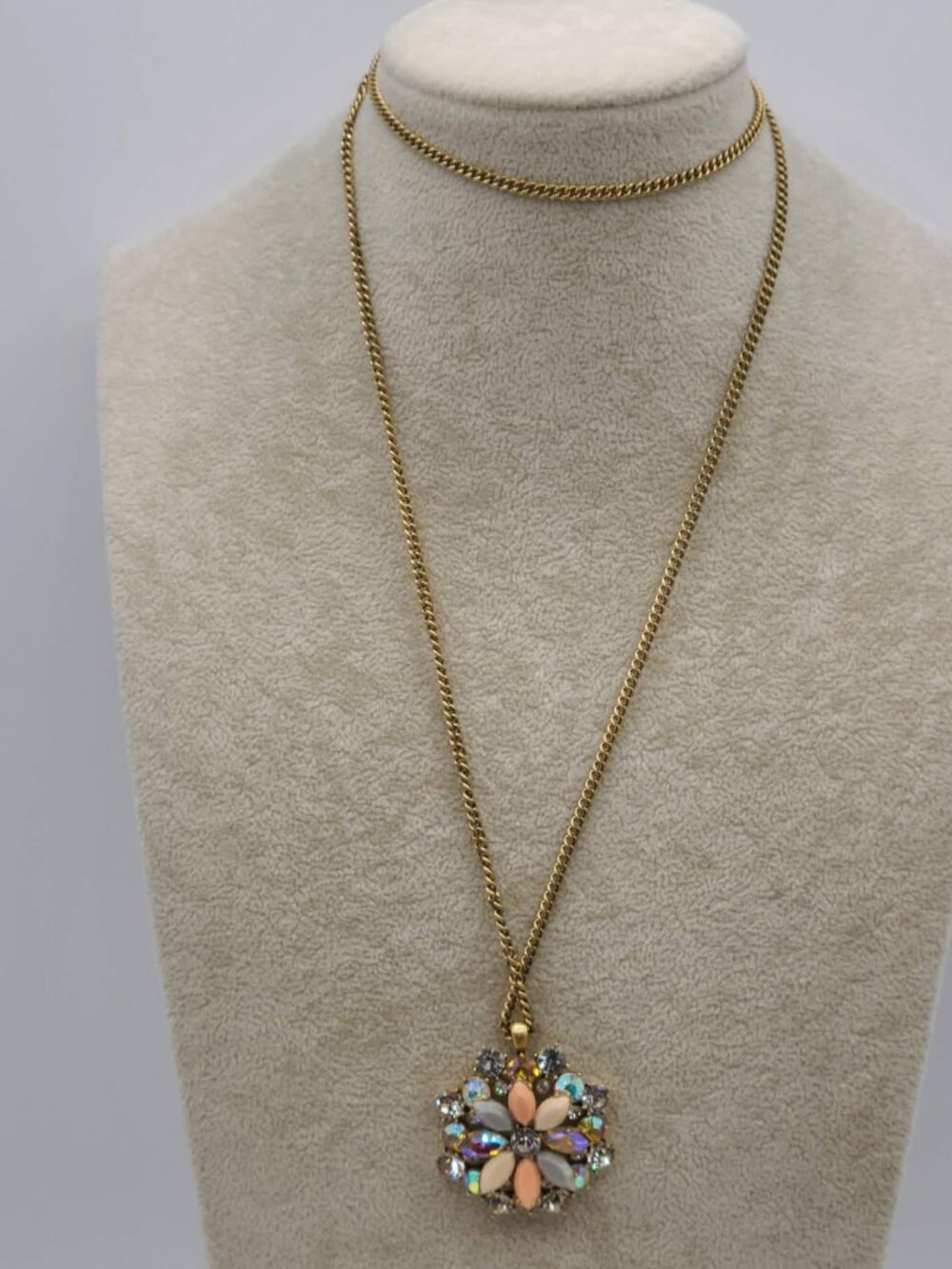 J Crew Gold Tone Pink Resin Clear Crystal Long Pendant